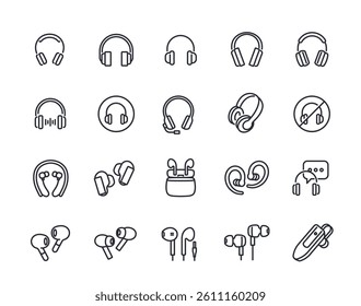Headphones line icons set. Simple symbols with headphones, headset and earphones for listening to music and audio. Editable stroke. Outline vector illustration collection isolated on background