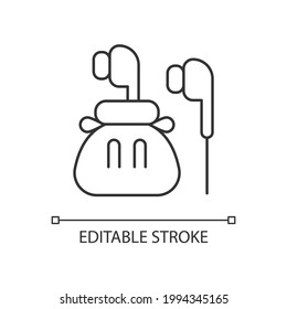 Headphones linear icon. Compact bag with earphones for trip convenience. Portable amenities. Thin line customizable illustration. Contour symbol. Vector isolated outline drawing. Editable stroke