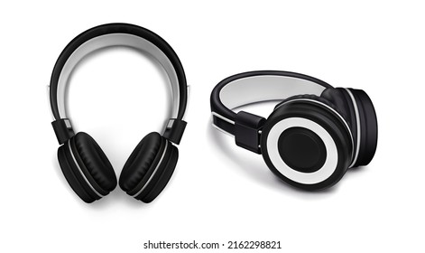 Headphones for listen music, dj audio headset isolated on white background. Vector realistic set of 3d black stereo earphones, accessory with sound speakers in front and perspective view