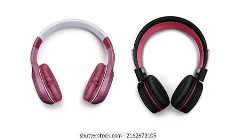 Auriculares para escuchar música, auriculares de audio dj aislados en fondo blanco. Conjunto vectorial realista de auriculares estéreo 3d de color rosa negro, accesorio con altavoces de sonido en la vista frontal