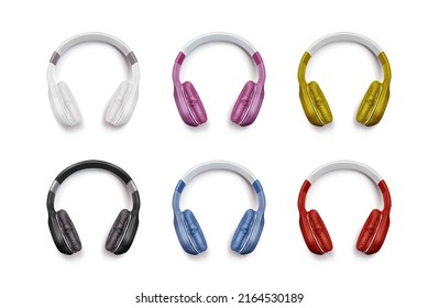 Headphones for listen music, dj audio headset isolated on white background. Vector realistic set of 3d colour stereo earphones, accessory with sound speakers in front view
