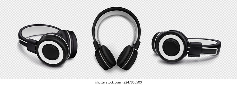 Headphones for listen music, stereo sound, audio. Dj headset, modern black and white wireless earphones in top, side and angle view, vector realistic set isolated on transparent background