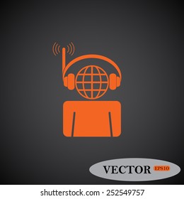 with headphones listening to music, head planet.  Vector illustration, EPS 10
