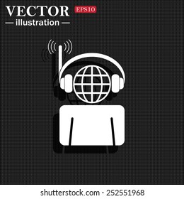 with headphones listening to music, head planet.  Vector illustration, EPS 10