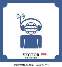 with headphones listening to music, head planet, web icon. vector design