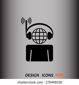 with headphones listening to music, head planet. icon. vector design