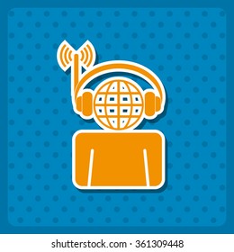 with headphones listening to music, head planet icon, vector illustration. Flat design style