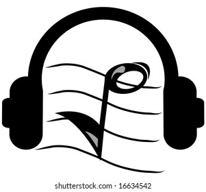 Kopfhörer, die Musik mit Noten auf einem Personal hören