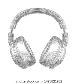 Headphones for listening to music. Pencil sketch of an isolated object on a white background.