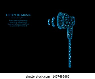 Headphones low poly design, polygonal audio equipment, listen to music vector illustration on black background