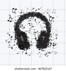 Headphones made from various music notes with different opacities