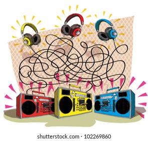 Headphones Maze Game task: Match each headphone (color) with tape recorder (color)! answer: 3 pairs; yellow to blue, red to yellow, blue to red.