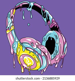 HEADPHONES MELTING MUSIC ON PURPLE BACKGROUND