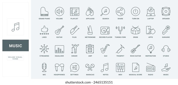 Headphones and mic, notes and smartphones player for songs, radio thin black and red outline symbols, vector illustration. Music equipment to play, listen and record audio sound line icons set