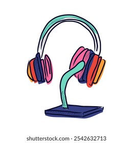 Auriculares y soporte de micrófono en diseño plano. Auriculares y micrófono para podcast. Ilustración vectorial aislada.
