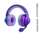 Headphones with microphone 3D plastic style vector icon. Cartoon portable wireless stereo headset. Musical, gaming entertainment and communication equipment accessory gadget isolated on white