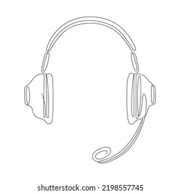 Headphones with microphone continuous line art. Hand drawing music gadget symbol. Vector isolated on white.