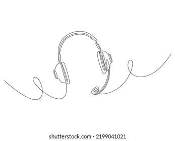 Auriculares con micrófono de línea continua. Símbolo de gadget de música de dibujo manual. Vector aislado en blanco.
