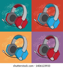 Headphones with microphone. Device for music, video games and esports, gamer and streemer. Hand drawn pattern. Colorful background in pop art retro comic style