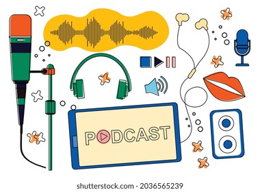 Headphones, microphone, equalizer, speech bubbles and other podcast equipment on white background. Concept of podcast recording, broadcasting, audio streaming service. Flat cartoon vector illustration