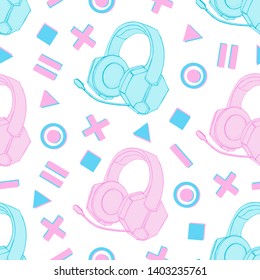 Headphones with microphone with geometry elements seamless pattern. Device for music, video games and esports, gamer and streemer. Hand drawn objects on white background. 