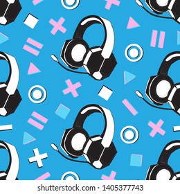 Headphones with microphone with geometry elements seamless pattern. Device for music, video games and esports, gamer and streemer. Hand drawn objects on blue background. 