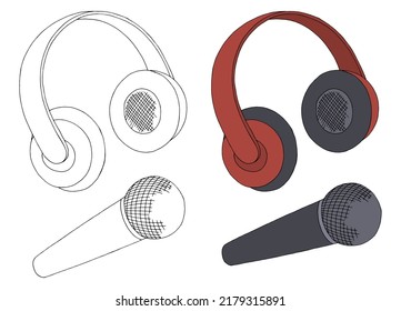 Headphones microphone graphic black white isolated sketch illustration vector