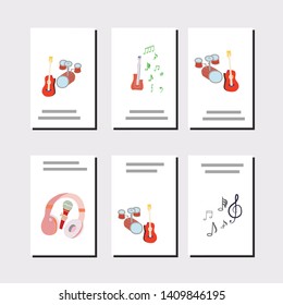 Headphones, microphone, guitar, drums, musical notes. Vector illustration of musical instruments for events, apps, design cover, flyers, brochures page. Set of different labels. Vector