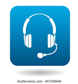 Headphones with microphone icon in flat style in blue square. Device symbol