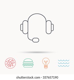 Headphones with microphone icon. Musical notes signs. Global connect network, ocean wave and burger icons. Lightbulb lamp symbol.