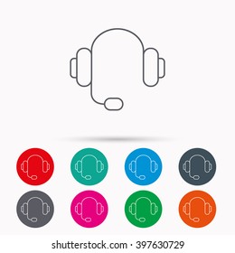 Headphones with microphone icon. Musical notes signs. Linear icons in circles on white background.