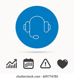 Headphones with microphone icon. Musical notes signs. Calendar, attention sign and growth chart. Button with web icon. Vector