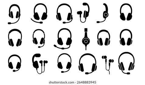 Headphones and Microphone Icons in Black Silhouette for Audio, Podcast, and Music Interface Design
