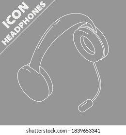 Auriculares con micrófono. Isometry 3D line icon. Ilustración de escala de grises vectorial de servicio de soporte.
