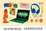 Headphones, microphone, laptop, equalizer, speech bubbles. Podcast recording and listening, broadcasting, online radio, audio streaming service Concept. Hand drawn Vector isolated illustrations