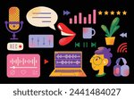 Headphones, microphone, laptop, equalizer, speech bubbles. Podcast recording and listening, broadcasting, online radio, audio streaming service Concept. Vector set illustration isolated on background
