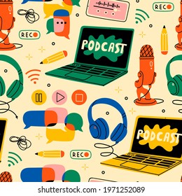 Headphones, microphone, laptop, equalizer, speech bubbles. Podcast recording and listening, broadcasting, online radio, audio streaming service Concept. Hand drawn Vector seamless Pattern