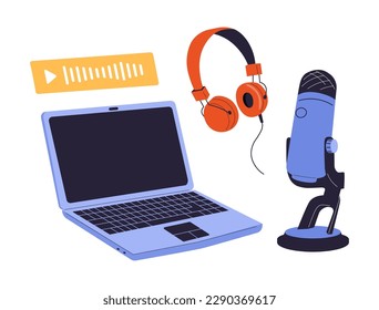 Headphones, microphone, laptop, equalizer, speech bubbles. Podcast recording and listening, broadcasting, online radio, audio streaming service Concept. Hand drawn Vector isolated illustrations