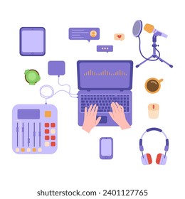 Auriculares, micrófono, laptop, ecualizador, burbujas de voz. Grabación y escucha de podcast, radiodifusión, radio en línea, servicio de transmisión de audio