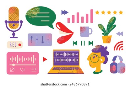 Headphones, microphone, laptop, equalizer, speech bubbles. Podcast recording and listening, broadcasting, online radio, audio streaming service Concept. Vector set illustration isolated on background