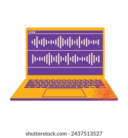 Headphones, microphone, laptop, equalizer, speech bubbles. Podcast recording and listening, broadcasting, online radio, audio streaming service Concept. Vector set illustration isolated on background
