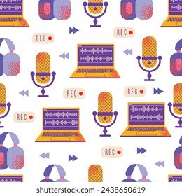 Headphones, microphone, laptop, equalizer, speech bubbles. Podcast recording and listening, broadcasting, online radio, audio streaming service Concept. Vector seamless pattern background