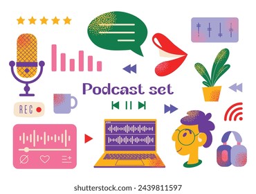 Headphones, microphone, laptop, equalizer, speech bubbles. Podcast recording and listening, broadcasting, online radio, audio streaming service Concept. Vector set illustration isolated on background
