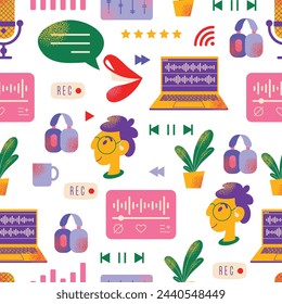 Headphones, microphone, laptop, equalizer, speech bubbles. Podcast recording and listening, broadcasting, online radio, audio streaming service Concept. Vector seamless pattern background