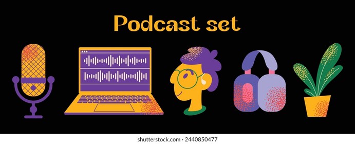 Auriculares, micrófono, portátil, ecualizador, burbujas de voz. Grabación y escucha de podcast, difusión, radio en línea, servicio de transmisión de audio Concepto. Ilustración de conjunto de vectores aislado en el fondo