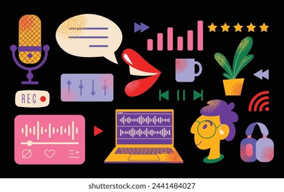 Headphones, microphone, laptop, equalizer, speech bubbles. Podcast recording and listening, broadcasting, online radio, audio streaming service Concept. Vector set illustration isolated on background