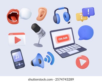 Headphones, microphone, laptop, equalizer, speech bubbles 3D illustration. Podcast recording and listening, broadcasting, online radio, audio streaming service Concept. 3D Vector set. Isolated element