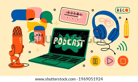 Headphones, microphone, laptop, equalizer, speech bubbles. Podcast recording and listening, broadcasting, online radio, audio streaming service Concept. Hand drawn Vector isolated illustrations