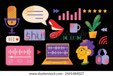 Headphones, microphone, laptop, equalizer, speech bubbles. Podcast recording and listening, broadcasting, online radio, audio streaming service Concept. Vector set illustration isolated on background