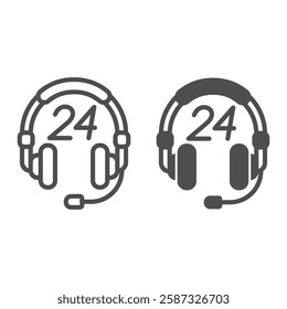 Headphones with microphone line and solid icon, support service concept. Vector graphics. Headset with 24 hour support sign on white background, outline style icon for mobile or web design